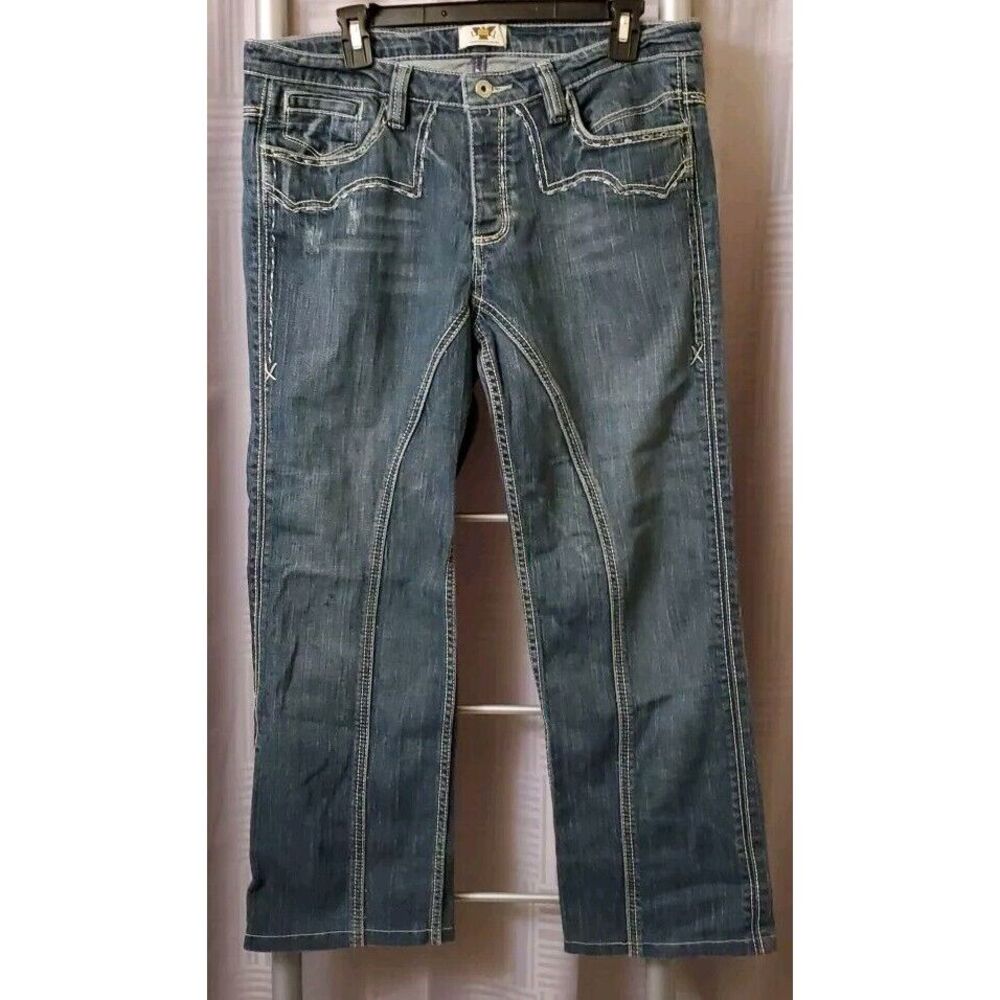 ANTIK DENIM Women's Distressed Bootcut Embroidered Jeans Sz 34 x‎ 27